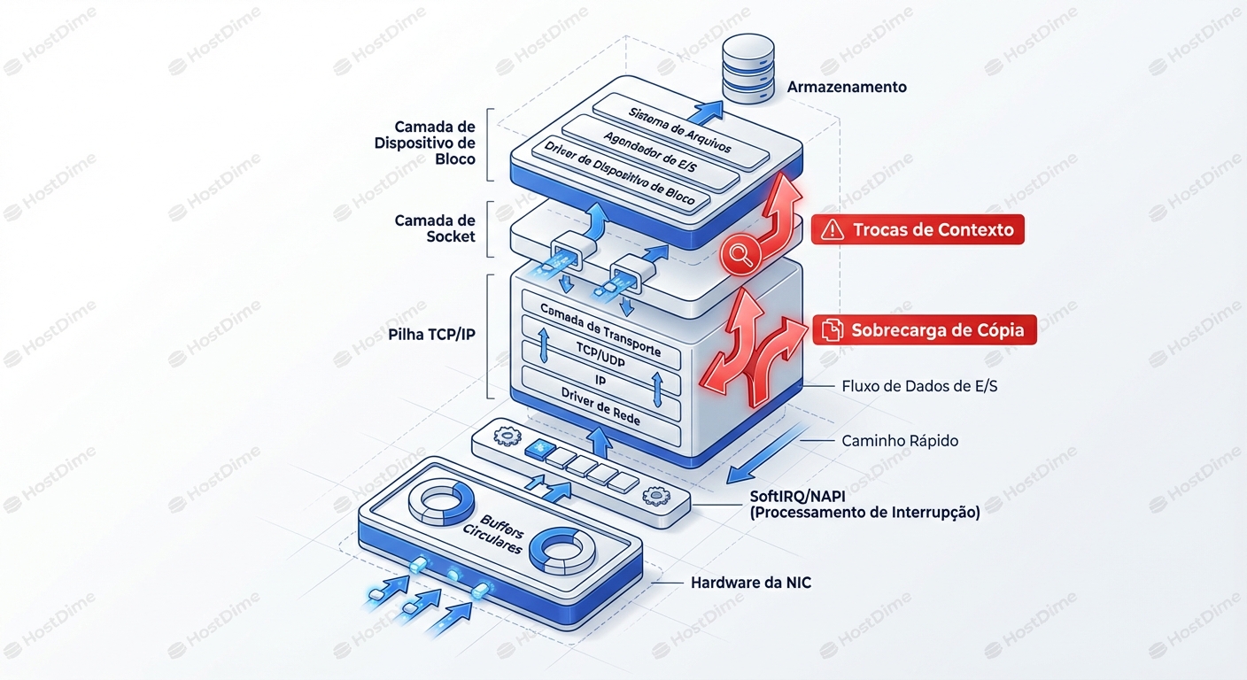 O caminho crítico do I/O: Onde as interrupções de hardware e trocas de contexto do Kernel criam latência antes que os dados cheguem à camada de bloco.