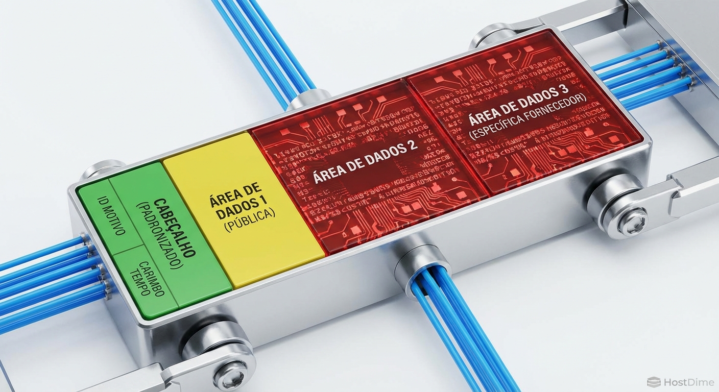 Anatomia de um Payload de Telemetria: O cabeçalho é a chave de acesso universal, enquanto as áreas de dados contêm os segredos profundos do fabricante.