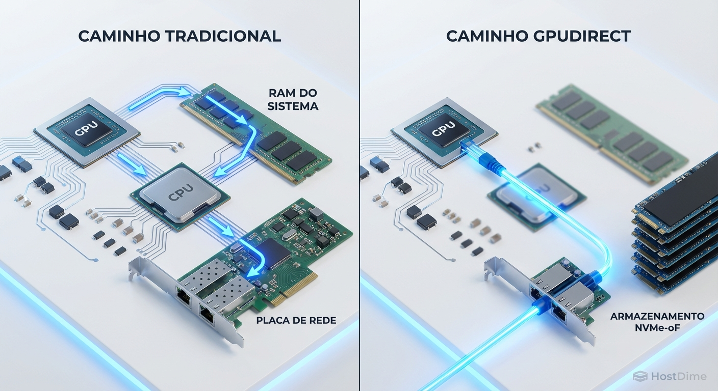 Comparativo do caminho de dados tradicional versus o bypass de CPU proporcionado pelo GPUDirect Storage.