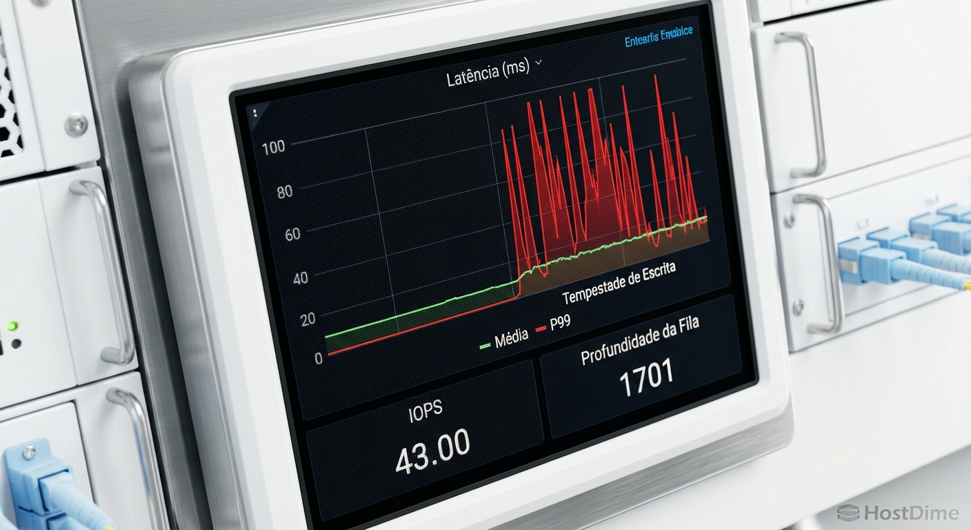 Dashboard de monitoramento evidenciando os picos de latência de cauda (P99) que ficam ocultos ao observar apenas a latência média.
