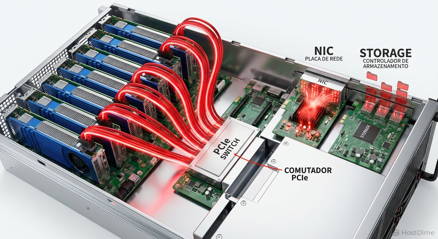Diagrama ilustrando o gargalo físico no barramento PCIe durante um checkpoint sincronizado de GPUs.