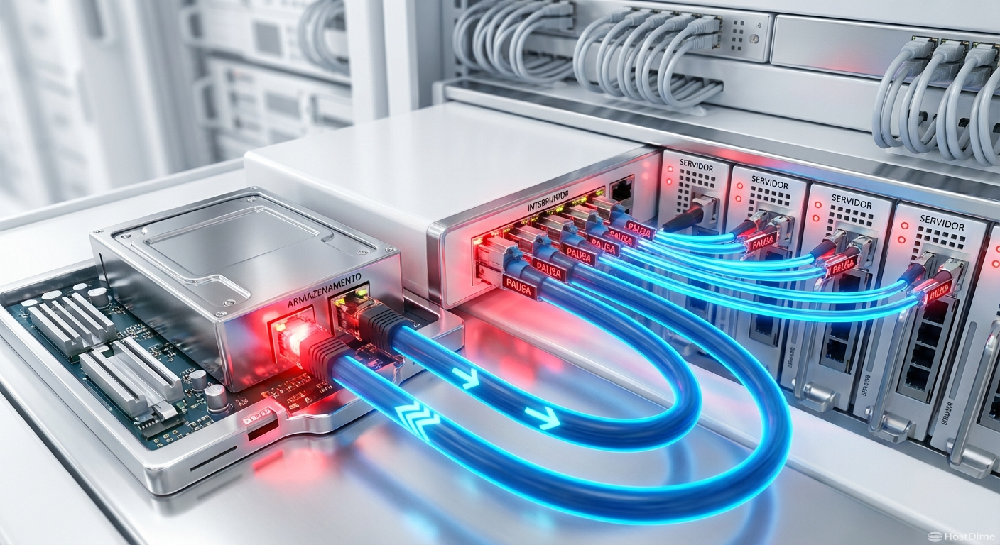 Diagrama de propagação de contrapressão (Backpressure): um receptor lento inicia uma cadeia de comandos de pausa que satura os buffers dos switches, bloqueando tráfego de nós saudáveis.