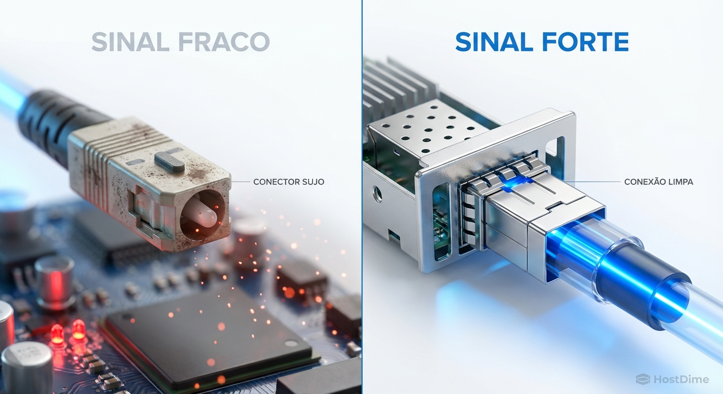 Comparação entre um cabo óptico sujo gerando erros de CRC e uma conexão limpa garantindo o fluxo contínuo de dados.