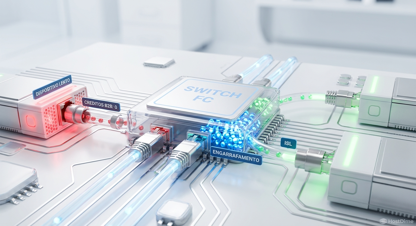 Representação visual do esgotamento de B2B credits causando Head-of-Line blocking em um link ISL compartilhado.