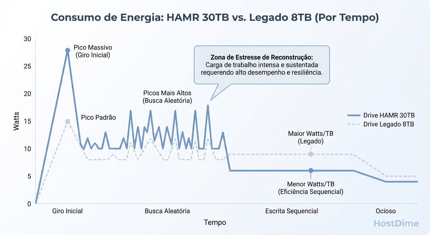 Perfil de consumo energético: O perigo não está na média, mas nos picos de seek e rebuild que sobrecarregam a PSU.
