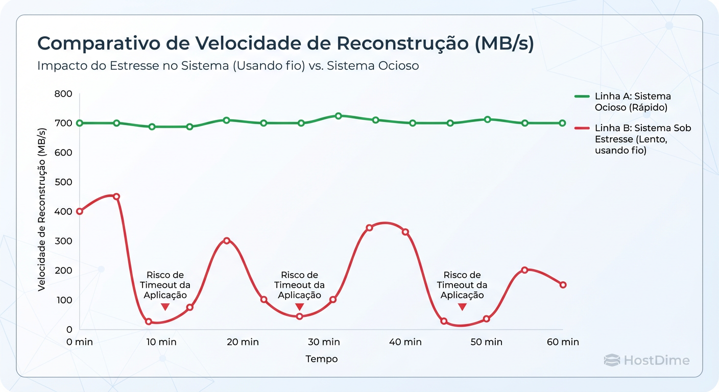 Comparativo de Tempo de Rebuild: Sistema Ocioso vs. Sistema sob Stress (Simulação FIO).