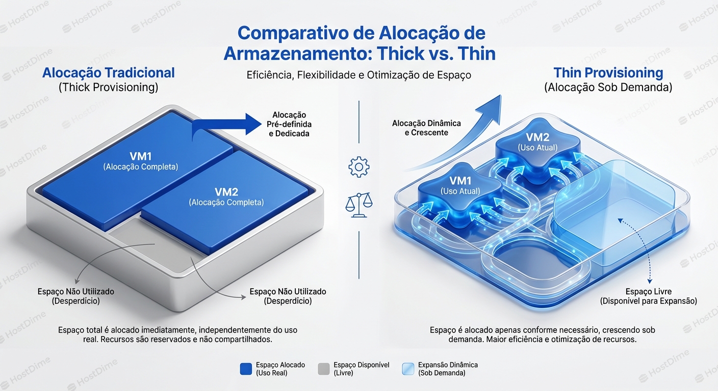 Comparativo entre Thick Provisioning e Thin Provisioning: Alocação vs. Utilização.