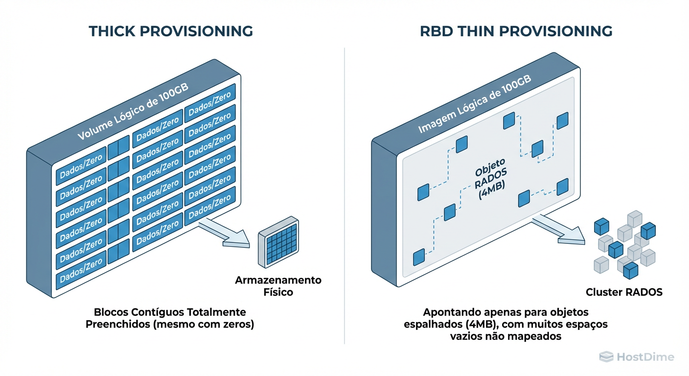 Mapeamento Lógico vs. Físico: No RBD, blocos vazios não existem no RADOS até serem escritos.
