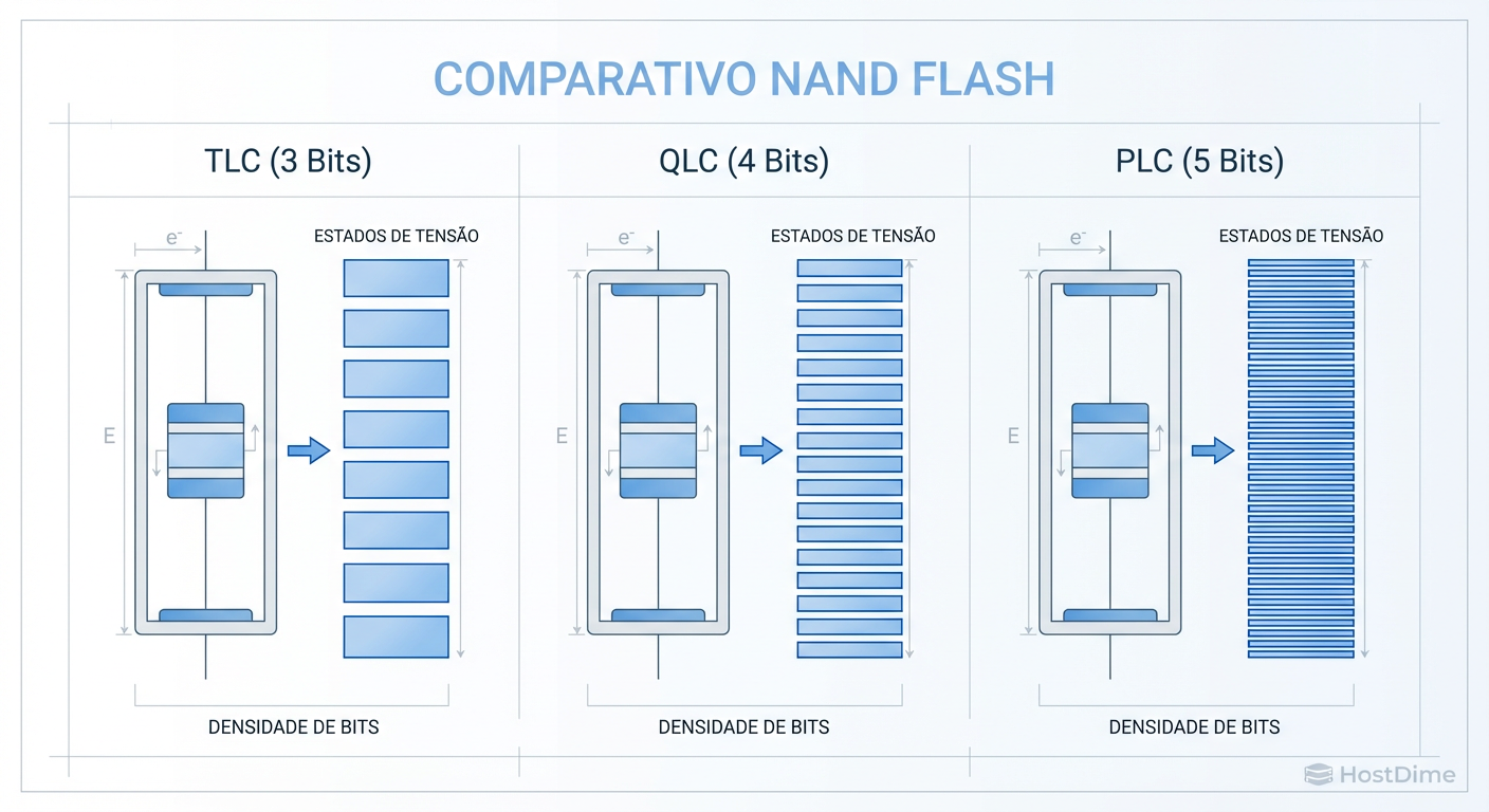 Comparativo visual dos estados de voltagem dentro de uma célula NAND: note como a margem de erro diminui drasticamente do TLC para o PLC.