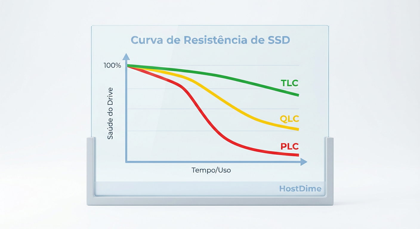 Gráfico de degradação de durabilidade: sob cargas de escrita pesada, a vida útil do PLC e QLC cai drasticamente comparada ao TLC.