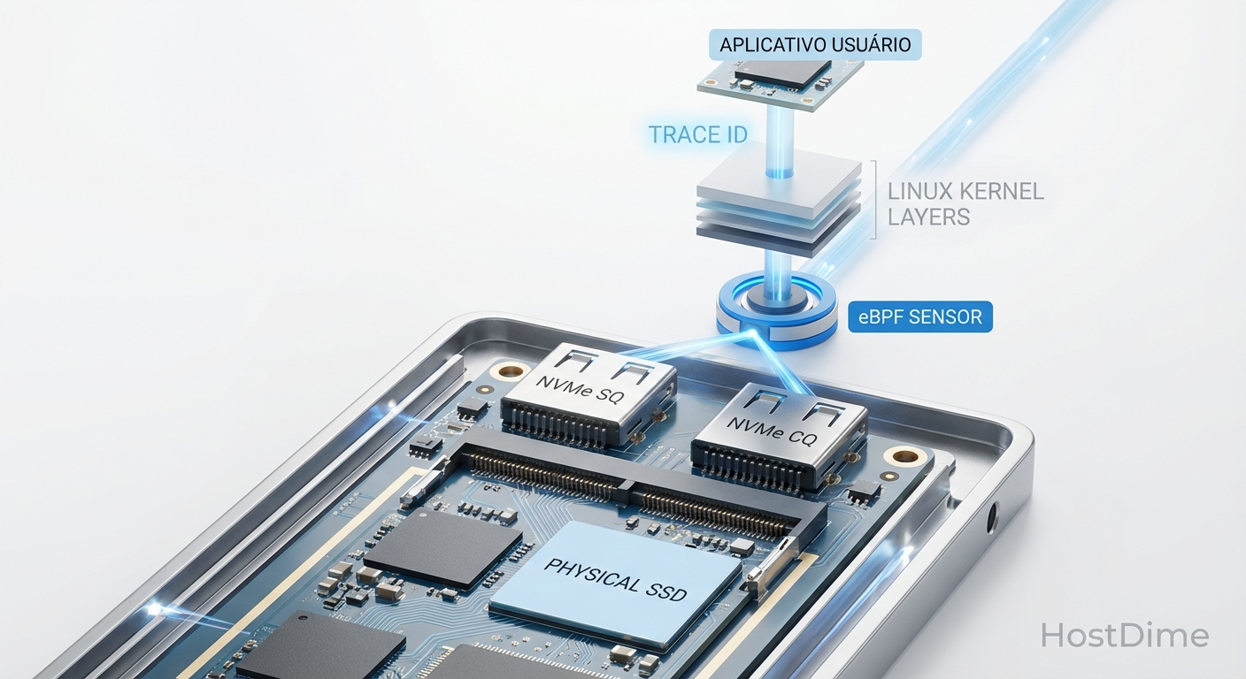 Fluxo de injeção de Trace IDs no block layer do Linux via eBPF.
