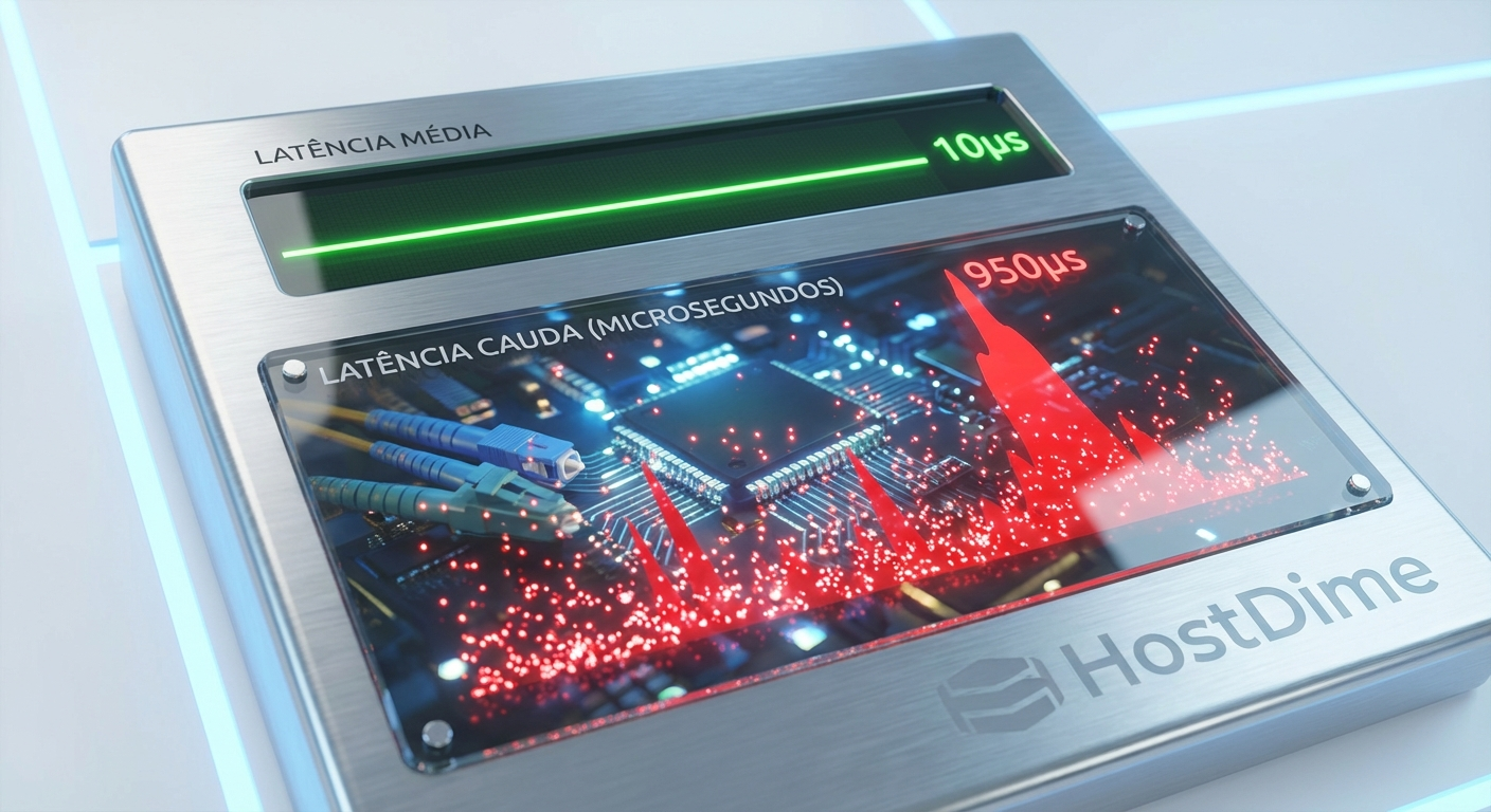 Gráfico de dispersão mostrando como a média esconde os picos reais de latência de I/O.