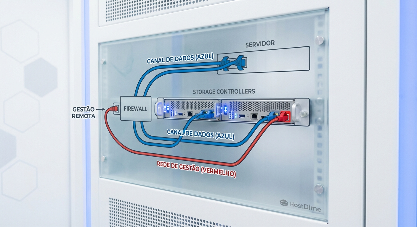Diagrama de arquitetura ilustrando o bypass de firewalls tradicionais através de redes de gerenciamento Out-of-Band em um array SAN.