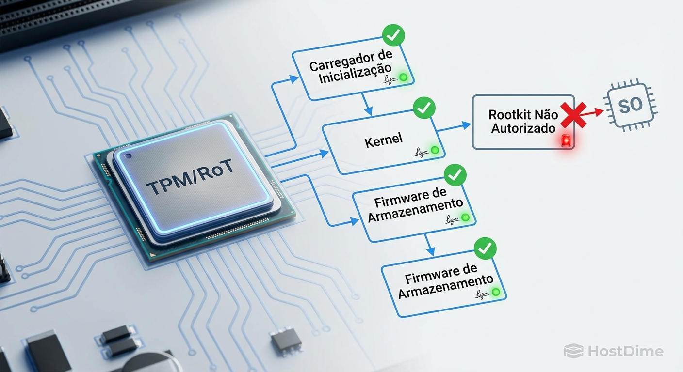Fluxo de validação criptográfica do Hardware Root of Trust bloqueando a execução de um módulo malicioso durante o boot da controladora.