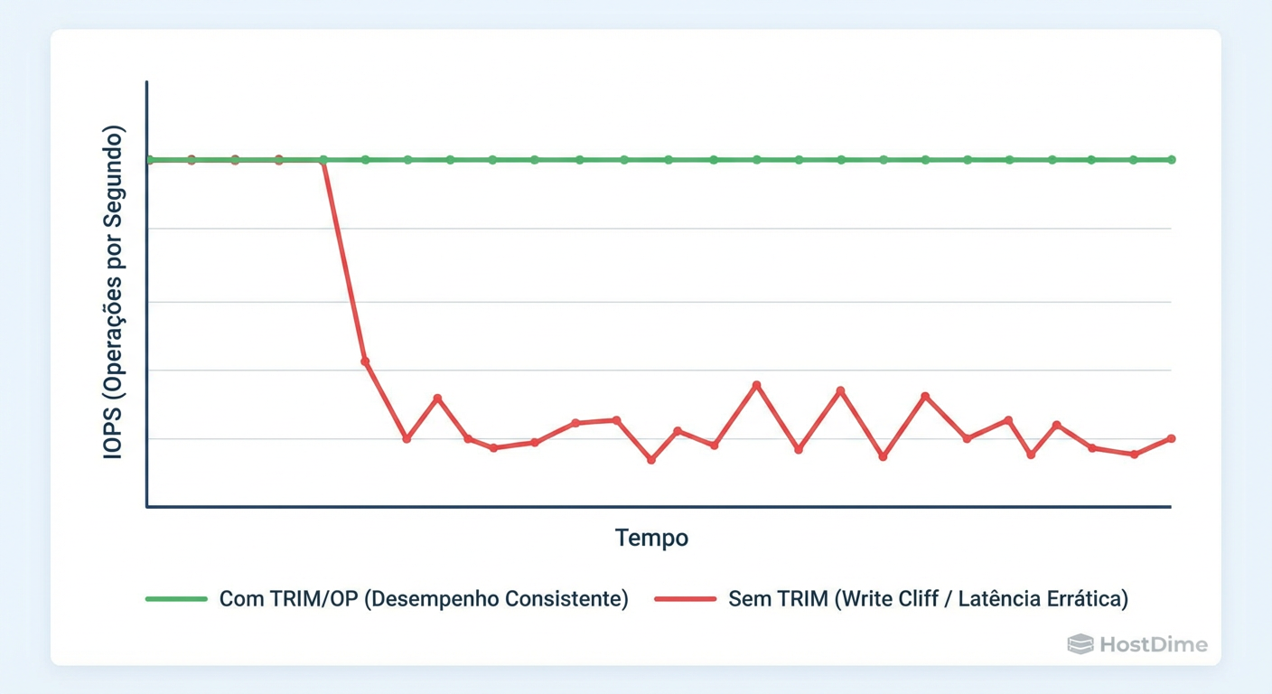 O 'Write Cliff': O impacto devastador na performance quando o SSD fica sem blocos livres e entra em modo de Garbage Collection forçado durante a escrita.