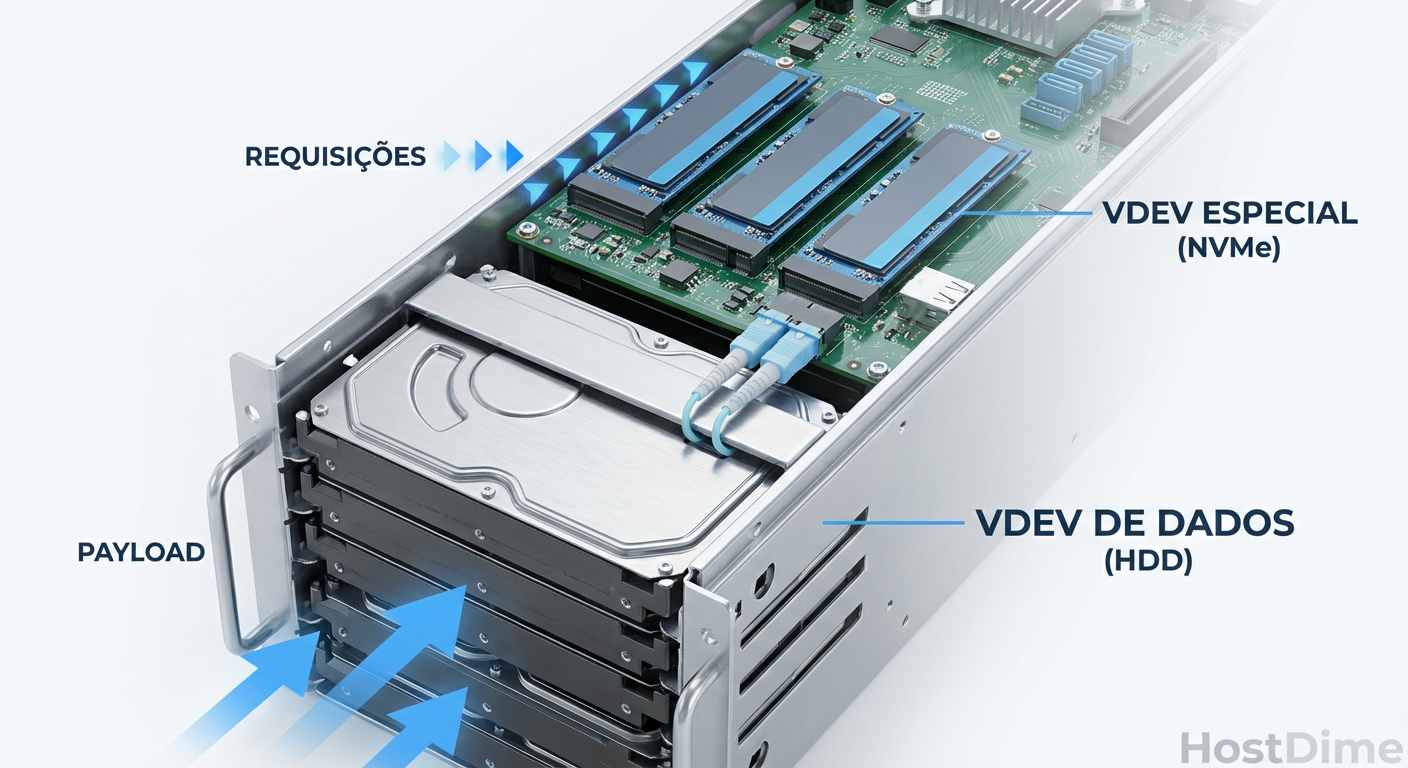 Separação física de cargas de trabalho: Metadados em Flash vs. Dados em Rotacional.