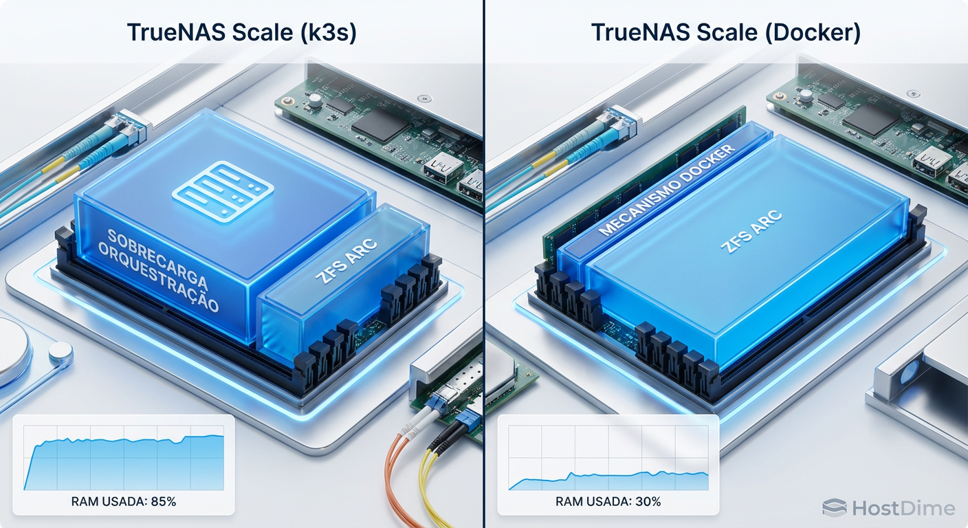 Comparativo visual do impacto na memória RAM: o overhead do Kubernetes vs. a eficiência do Docker nativo liberando espaço para o cache ZFS.