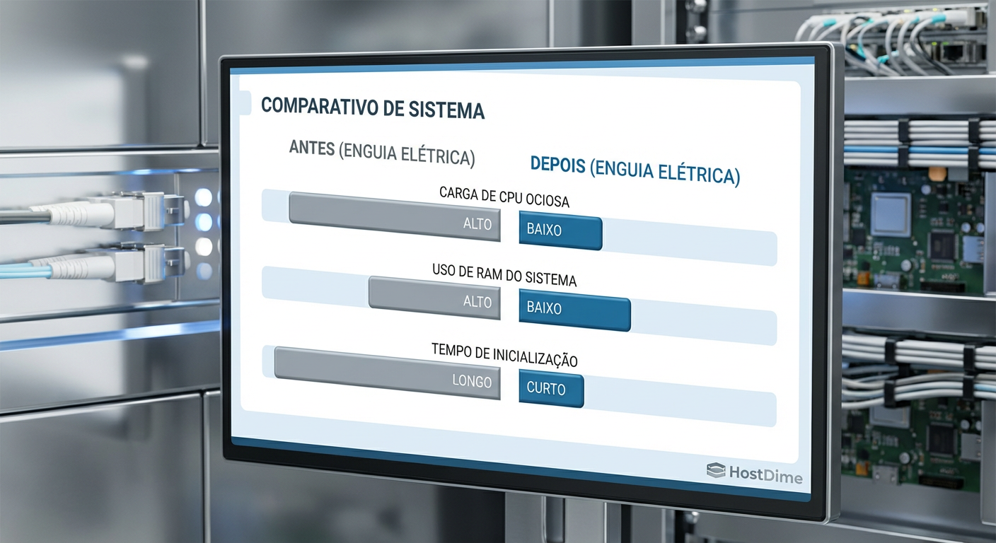 Gráfico de performance antes e depois da migração: queda drástica no uso de CPU e RAM e redução no tempo de boot.