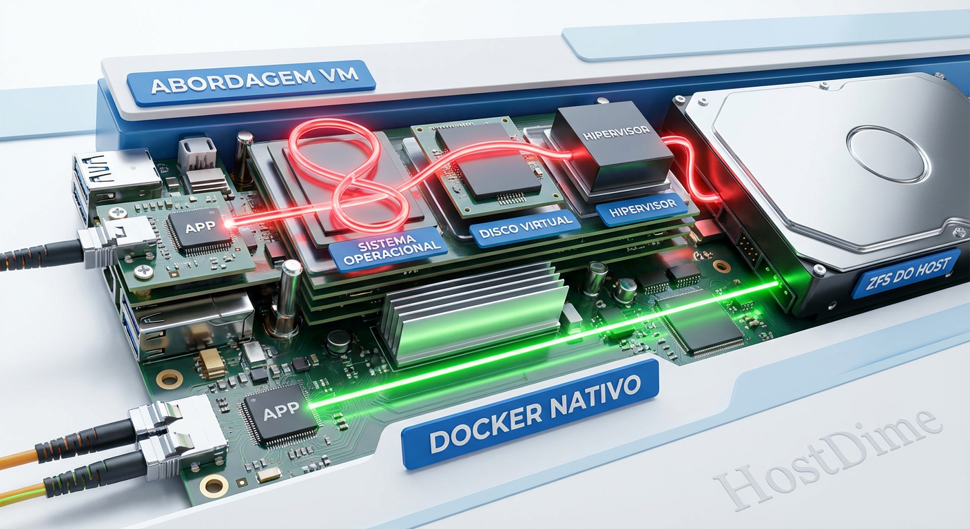 Ilustração do caminho de I/O: a complexidade e latência de rodar Docker em VM versus o acesso direto ao ZFS no modo nativo.