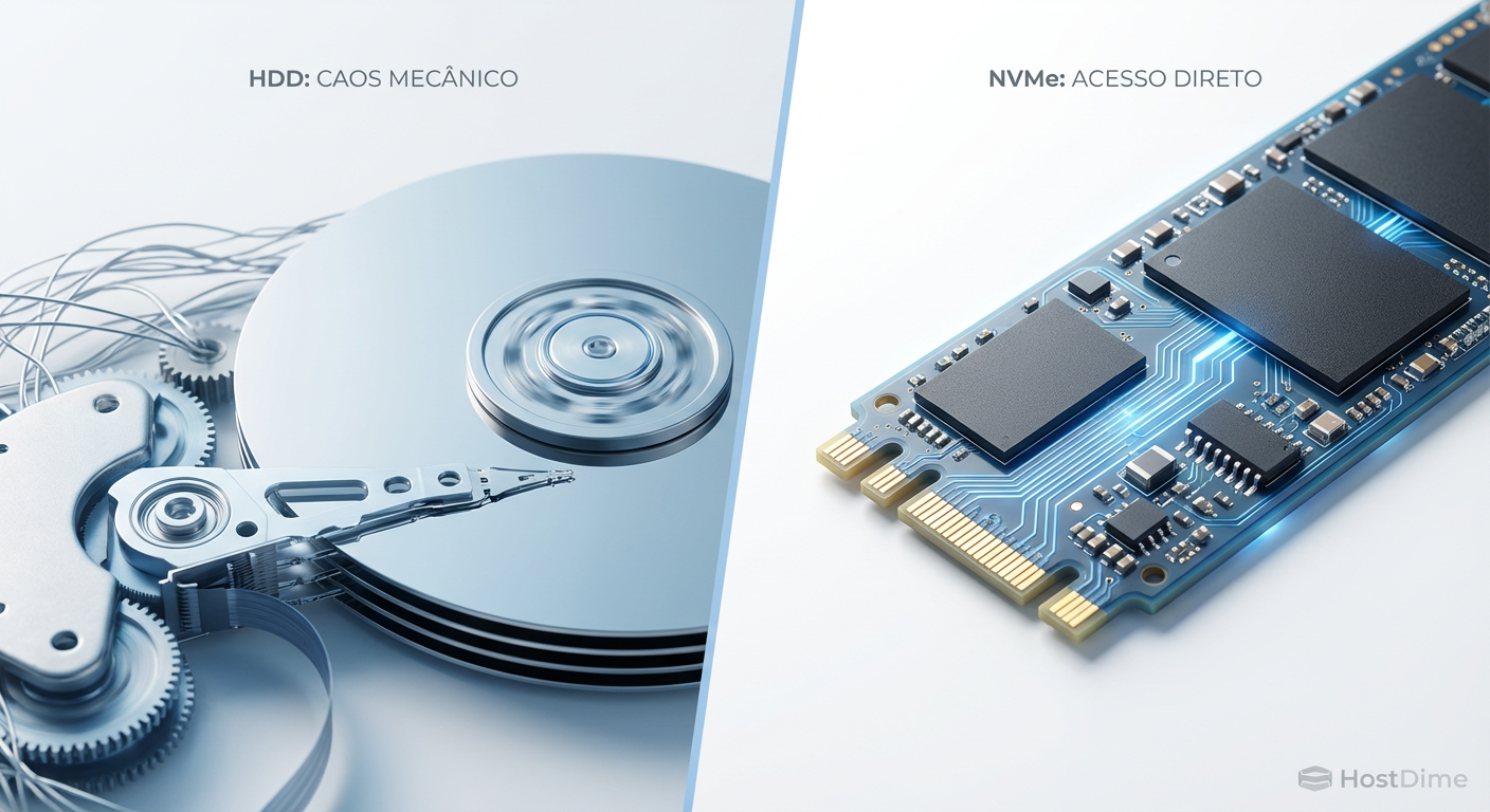 Comparação visual: O caos mecânico da busca em HDDs versus o acesso direto e instantâneo da memória flash em NVMes.