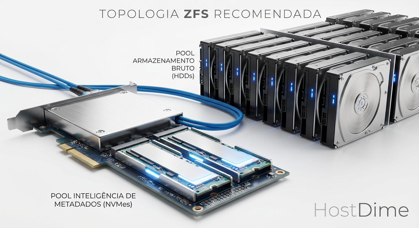 Topologia recomendada: O Pool ZFS dividido entre o armazenamento bruto (RAIDZ2 de HDDs) e a inteligência de metadados (Mirror de NVMes).