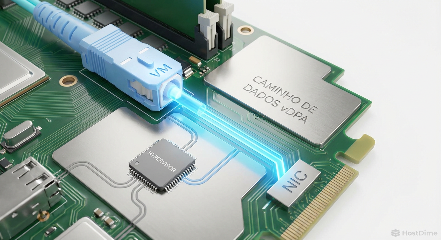 Arquitetura vDPA: O caminho de dados (Datapath) ignora o hypervisor conectando a VM diretamente à NIC, enquanto o controle permanece no software.