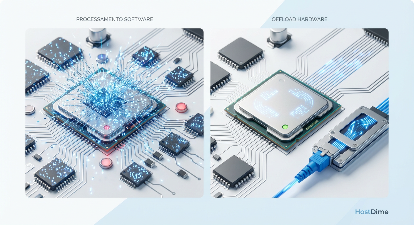 Comparação de impacto na CPU: O processamento por software satura os núcleos com interrupções, enquanto o offload de hardware libera a CPU para as aplicações.