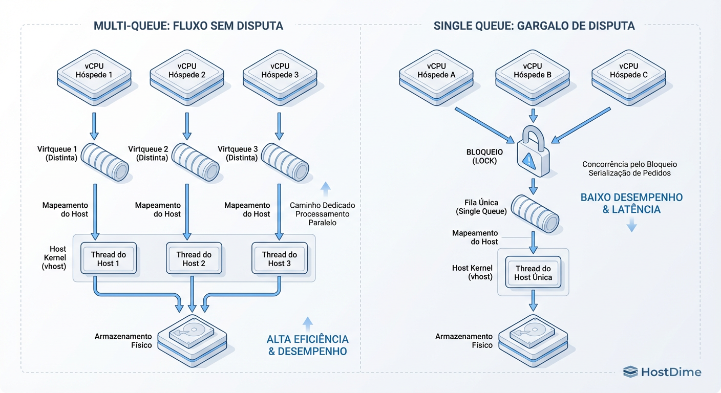 Paralelismo Real: Sem multi-queue, seus vCPUs entram em disputa (lock contention) para escrever no disco. Com multi-queue, a escala é quase linear.