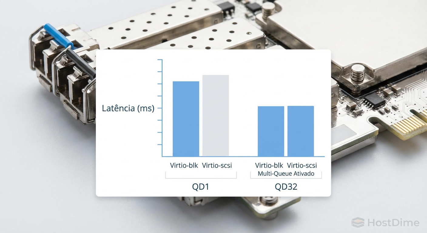 Comparativo de Latência: A diferença diminui conforme a profundidade da fila (Queue Depth) aumenta e o Multi-Queue entra em ação.