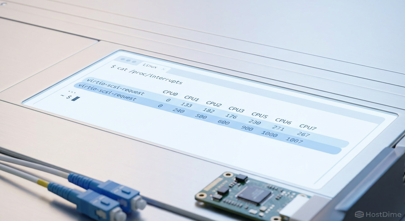 Validação de Sucesso: Interrupções de I/O distribuídas uniformemente entre os núcleos da VM confirmam o funcionamento do Multi-Queue.