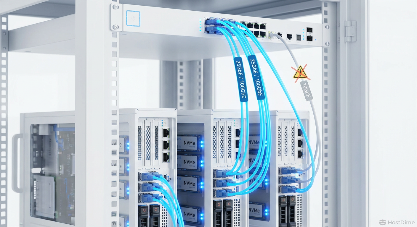 A infraestrutura física necessária: Redes de 25GbE ou 100GbE são as artérias vitais que permitem ao vSAN ESA processar o fluxo massivo de dados NVMe.