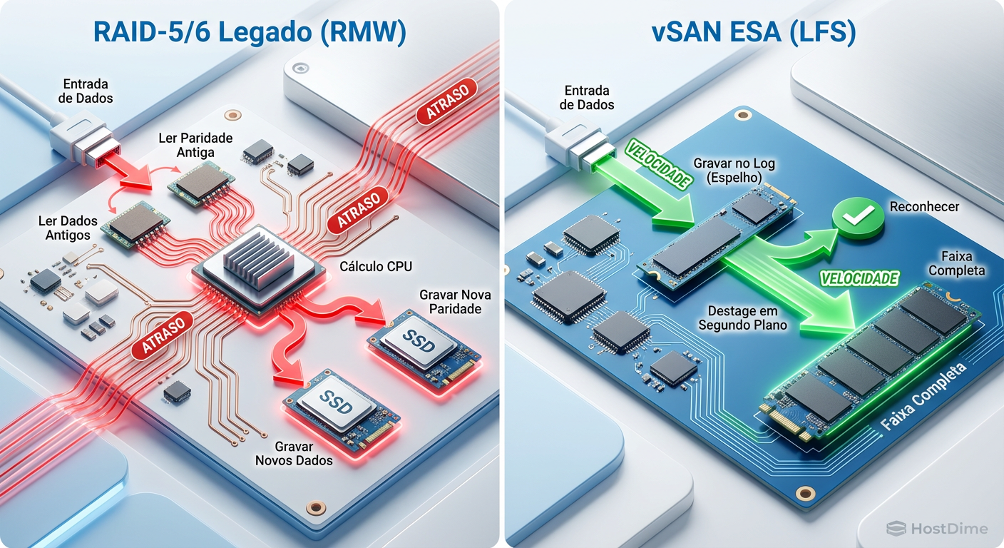 Comparativo visual: A complexidade da penalidade Read-Modify-Write (RMW) versus a ingestão simplificada do Log-Structured File System.