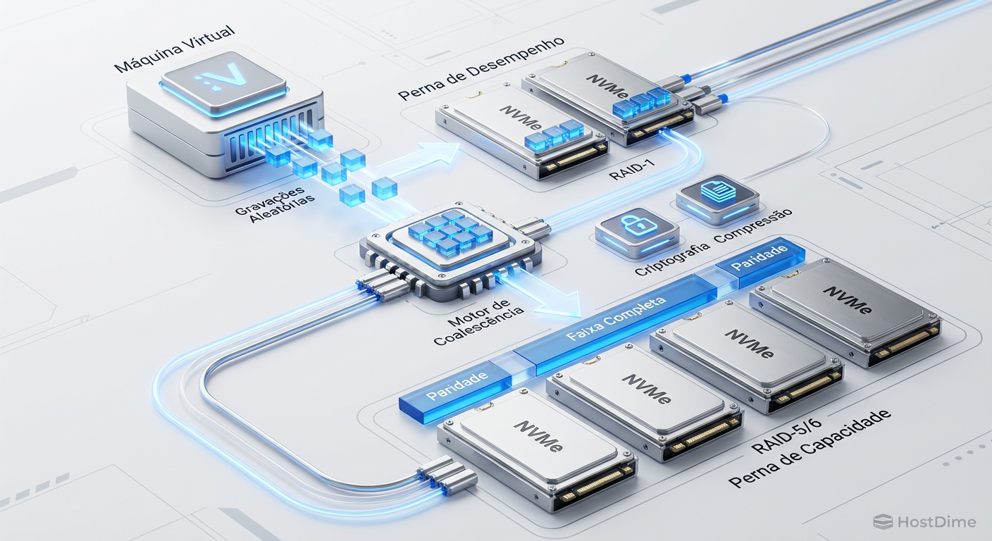 O fluxo de escrita do vSAN ESA: Da ingestão em espelho (Performance Leg) até a consolidação e gravação eficiente em Erasure Coding (Capacity Leg).