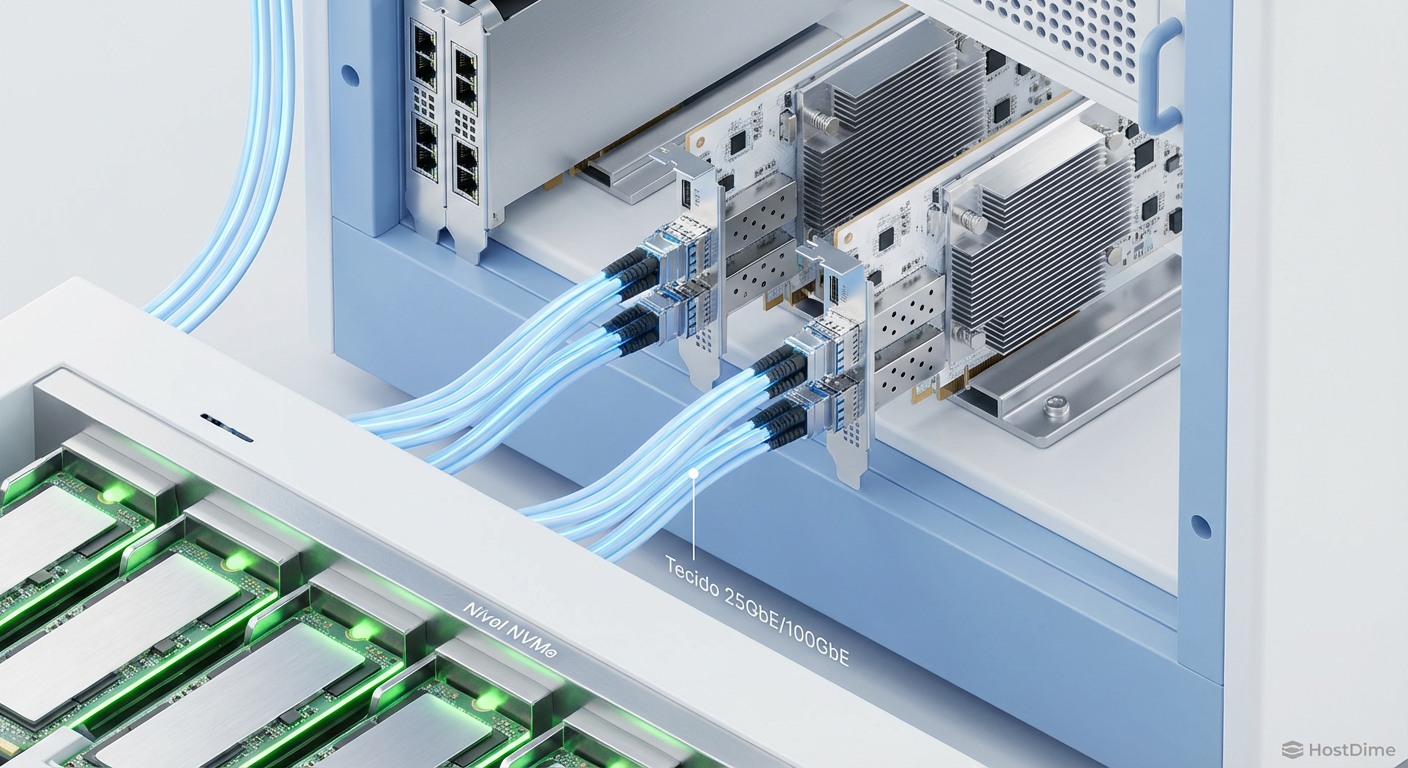 A infraestrutura física necessária: Interfaces de rede de alta velocidade (25/100GbE) são vitais para alimentar a fome de dados dos drives NVMe na ESA.