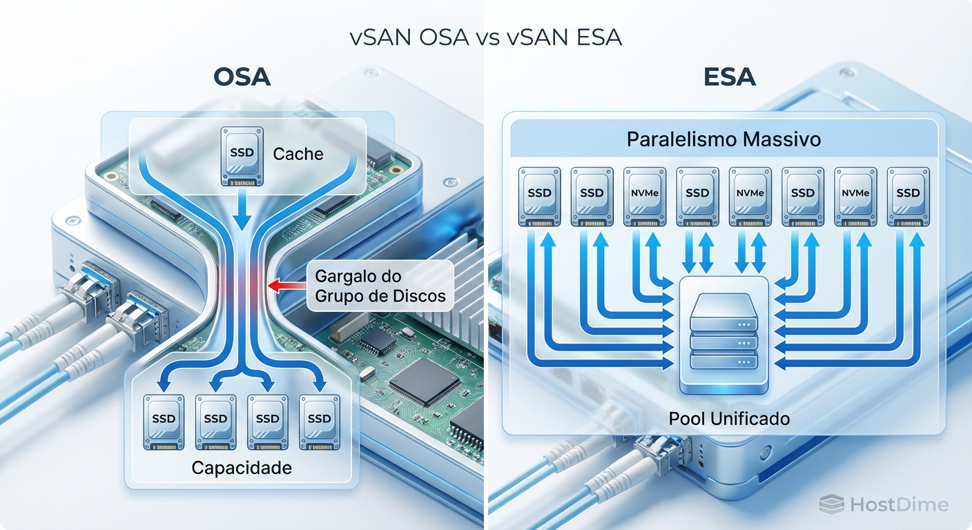 Comparação visual: O gargalo do Disk Group na OSA (esquerda) versus o paralelismo do Storage Pool na ESA (direita).