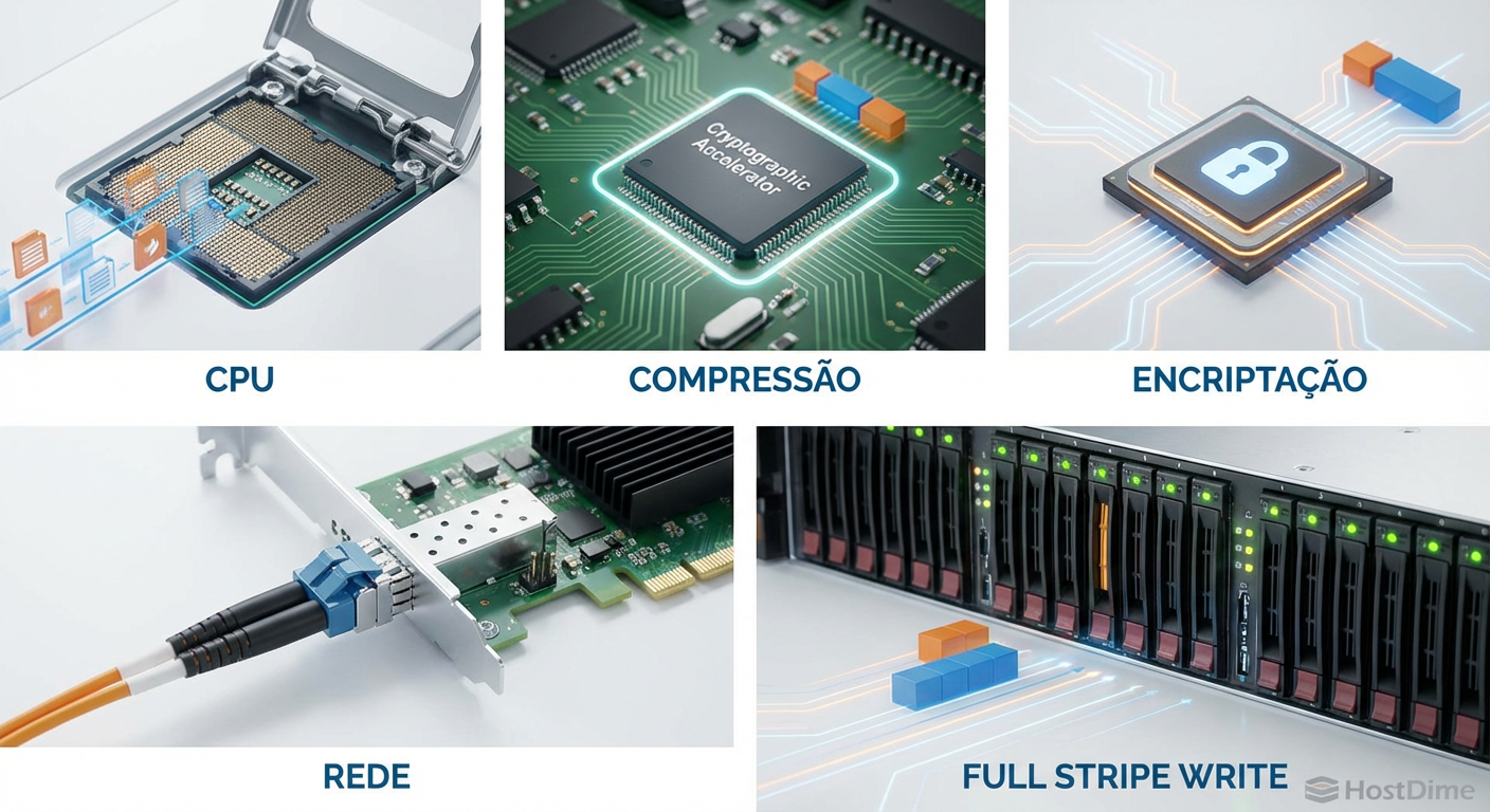 O fluxo de escrita otimizado da ESA: Compressão e Criptografia ocorrem no topo da pilha, reduzindo o tráfego de rede e a amplificação de escrita.