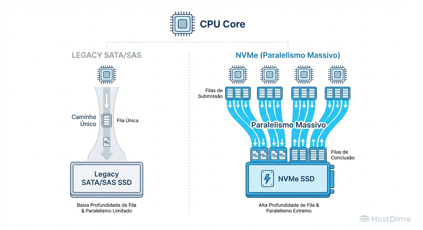 Fig. 2: O novo driver nativo explora o paralelismo massivo do protocolo NVMe, permitindo que cada núcleo da CPU tenha suas próprias filas de I/O.