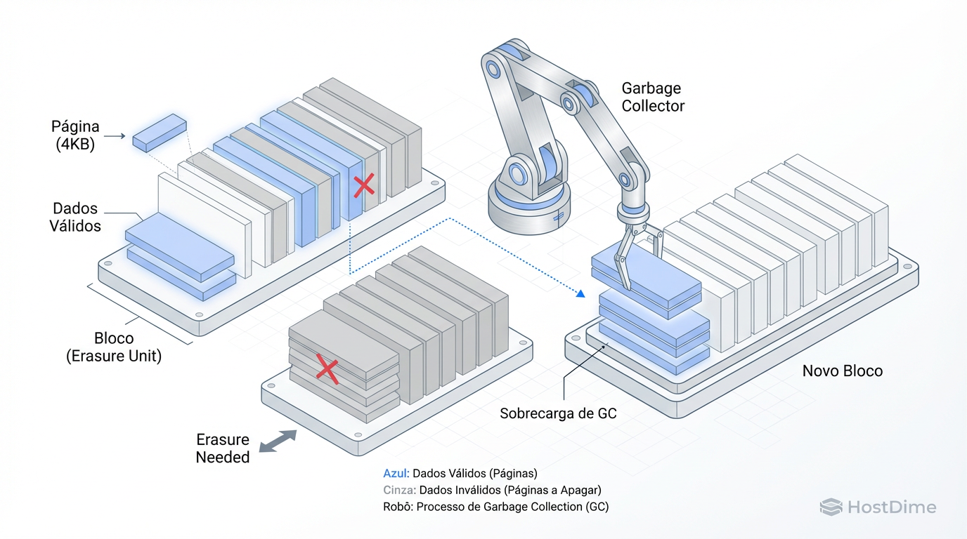 Fig 3. A Raiz do Problema: Read-Modify-Write e a granularidade de apagamento da NAND.