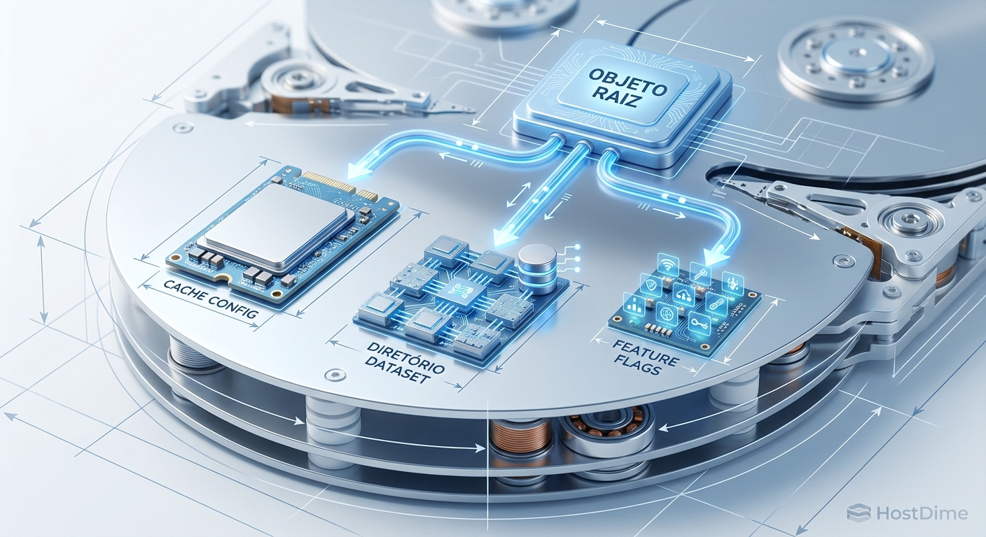 Diagrama esquemático do Meta Object Set (MOS) no ZFS, ilustrando como as configurações críticas residem fisicamente nos discos.