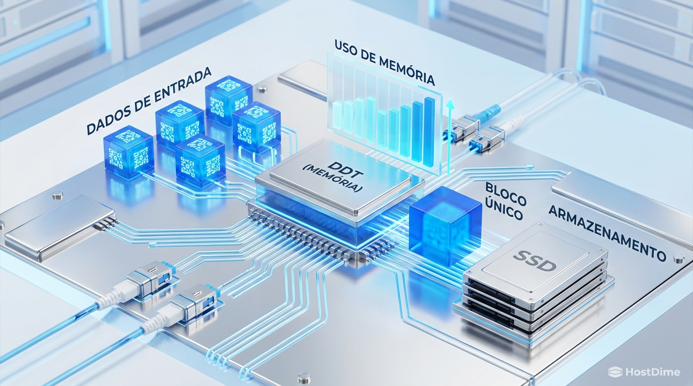 Visualização do processo de deduplicação do ZFS, destacando a relação entre a Tabela de Deduplicação (DDT) na memória RAM e os blocos físicos únicos no disco.