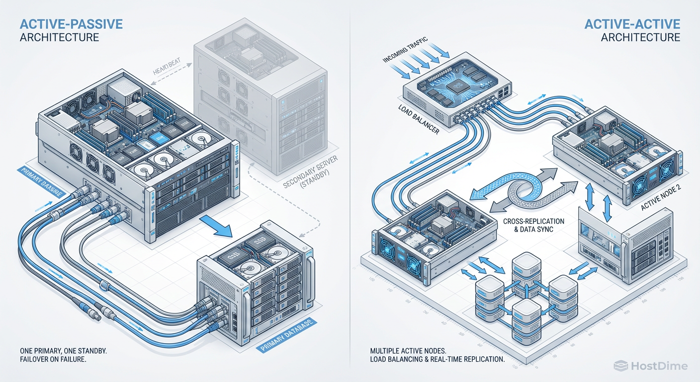 Fig. 1: A diferença entre ter um estepe no porta-malas (Active-Passive) e tentar dirigir dois carros ao mesmo tempo (Active-Active). A complexidade escala mais rápido que a disponibilidade.
