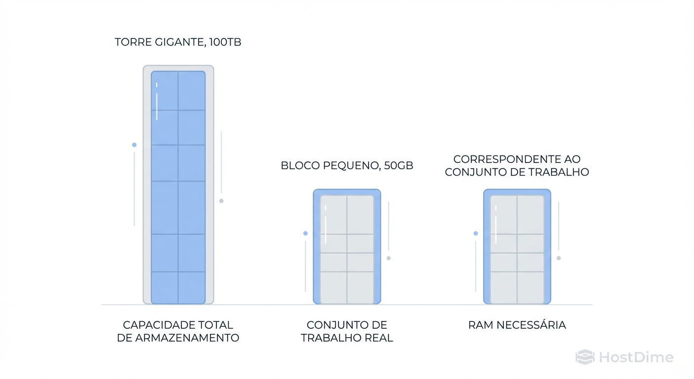 Capacidade vs. Working Set: Se você tem 100TB de dados frios (arquivos mortos) e apenas 50GB de dados acessados diariamente, você precisa de RAM para cobrir os 50GB, não os 100TB.