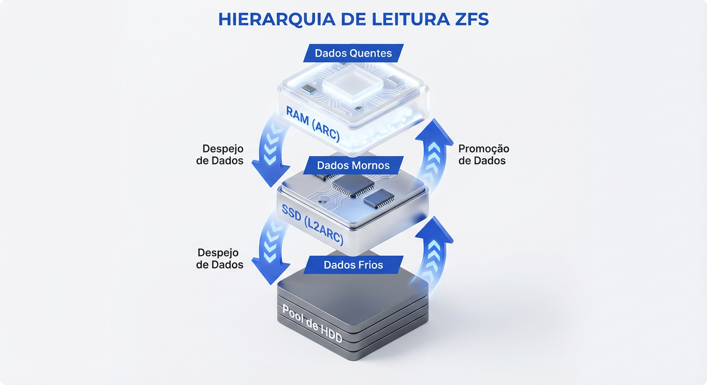 Fluxo de leitura no ZFS: Do mais rápido (RAM) ao mais lento (Discos).