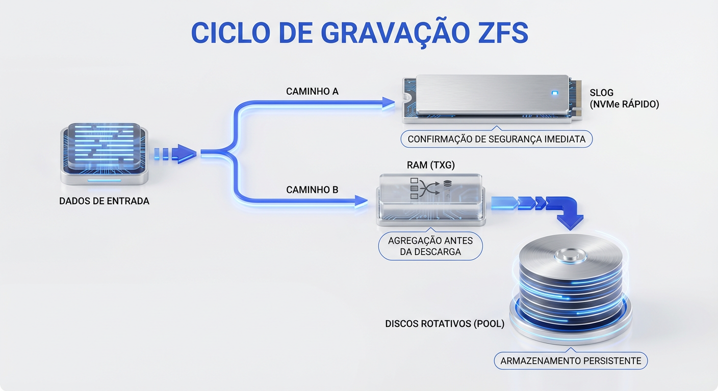 O caminho da escrita síncrona: O SLOG garante a segurança imediata enquanto o ZFS organiza os dados na RAM.