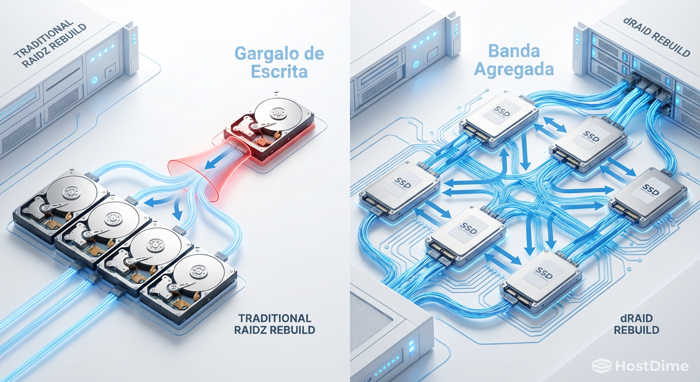 Fig 1. A física do problema: No RAIDZ tradicional, a velocidade de reconstrução é limitada pela velocidade de escrita de um único disco mecânico.