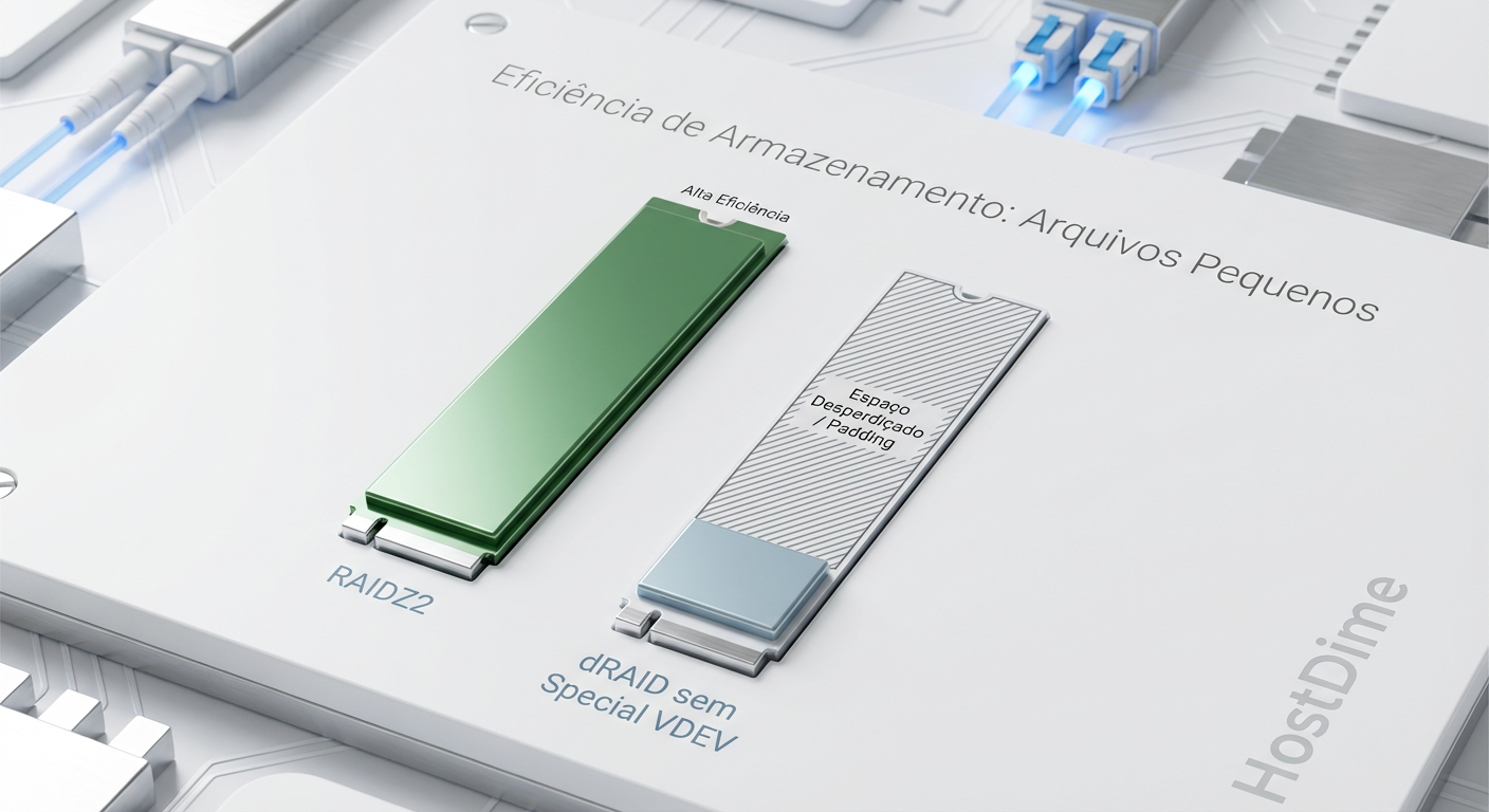 Fig 3. O 'Imposto do dRAID': Sem um Special VDEV para metadados e blocos pequenos, a geometria fixa obriga o sistema a preencher espaço com zeros (padding), desperdiçando capacidade.
