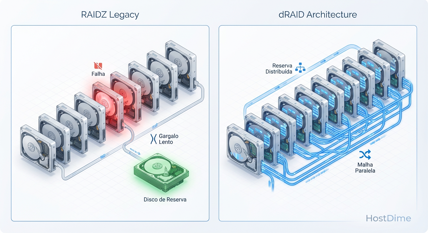 Fig. 1: A mudança de paradigma do Spare Dedicado (Gargalo Físico) para o Spare Distribuído (Largura de Banda Agregada).