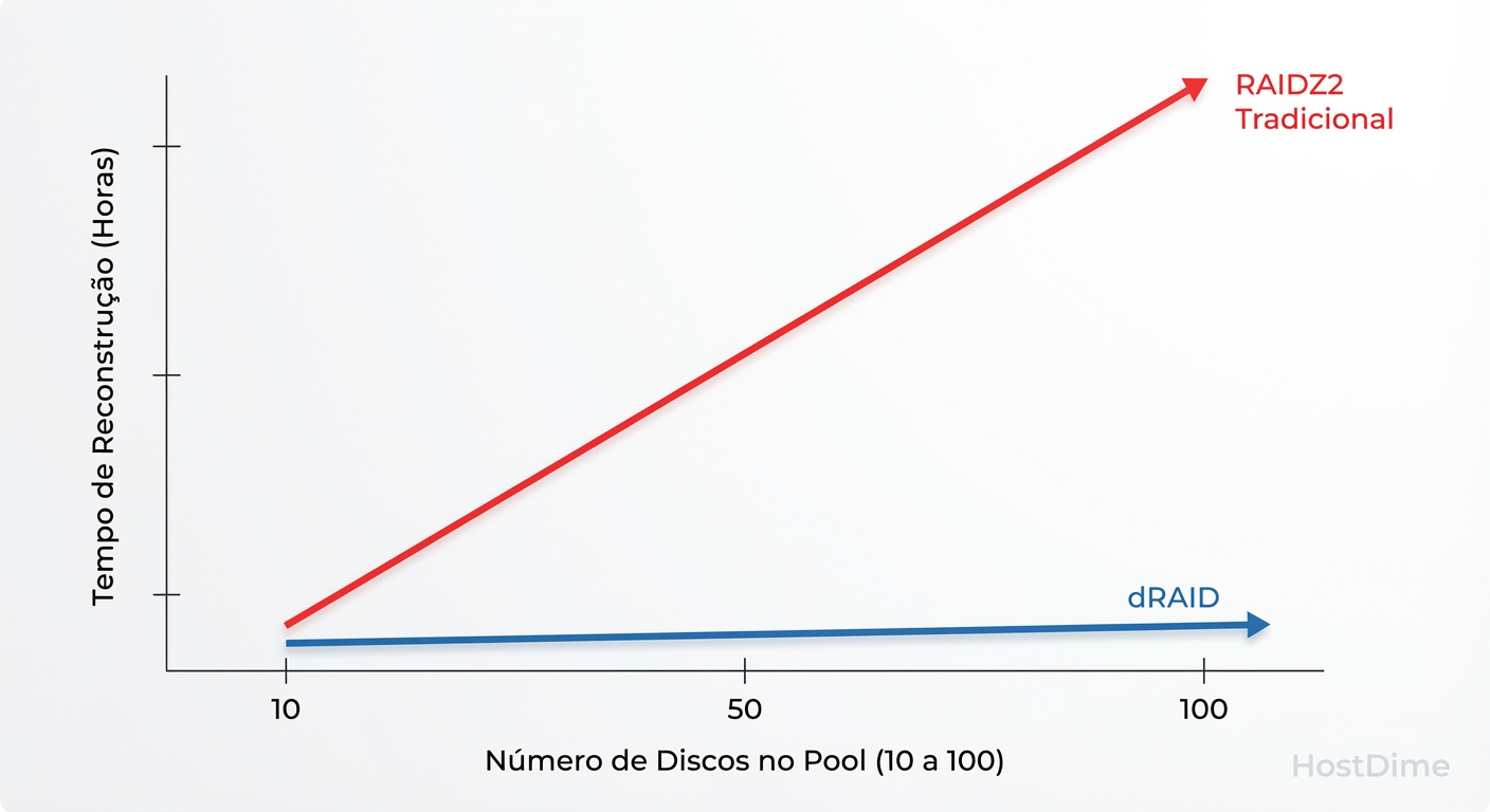 Fig. 2: O impacto da escala. Enquanto o RAIDZ lineariza o tempo de recuperação, o dRAID mantém a performance constante ao adicionar spindles.
