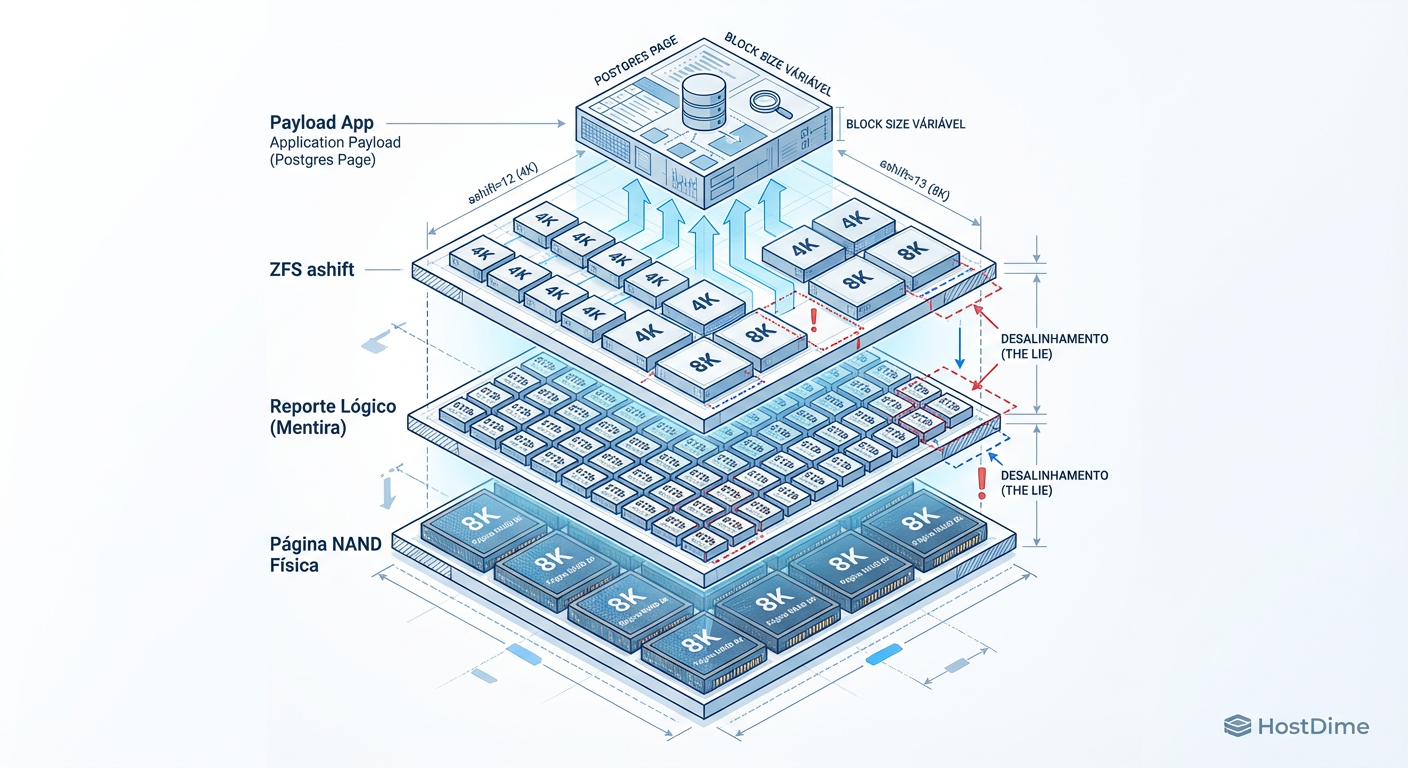 Fig. 2: A Pilha de Abstração de Armazenamento. O desalinhamento entre a geometria física real da NAND e a configuração lógica do ZFS cria gargalos invisíveis.