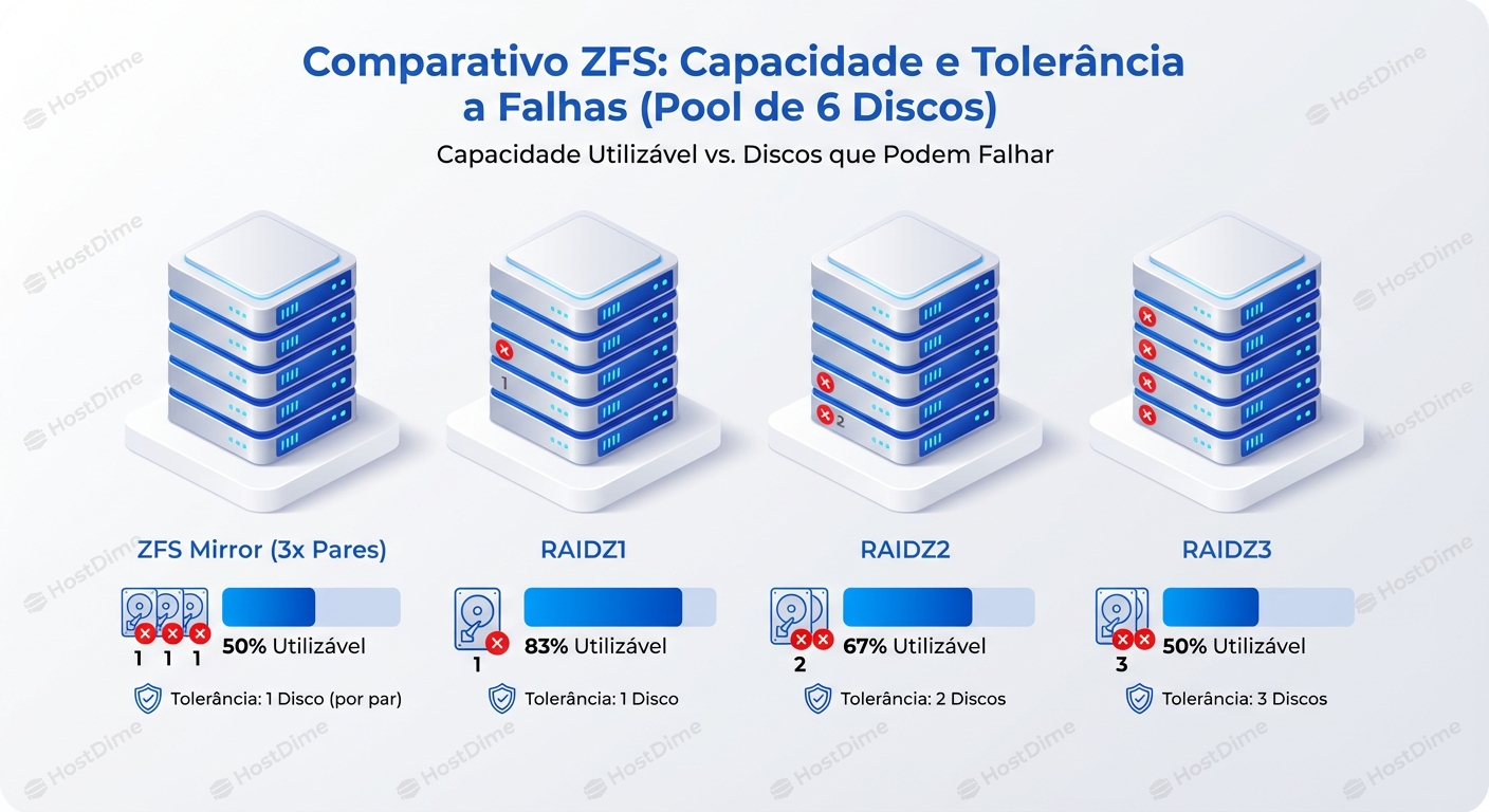 Performance comparativa de leitura/escrita (IOPS) entre Mirror e RAIDZ.